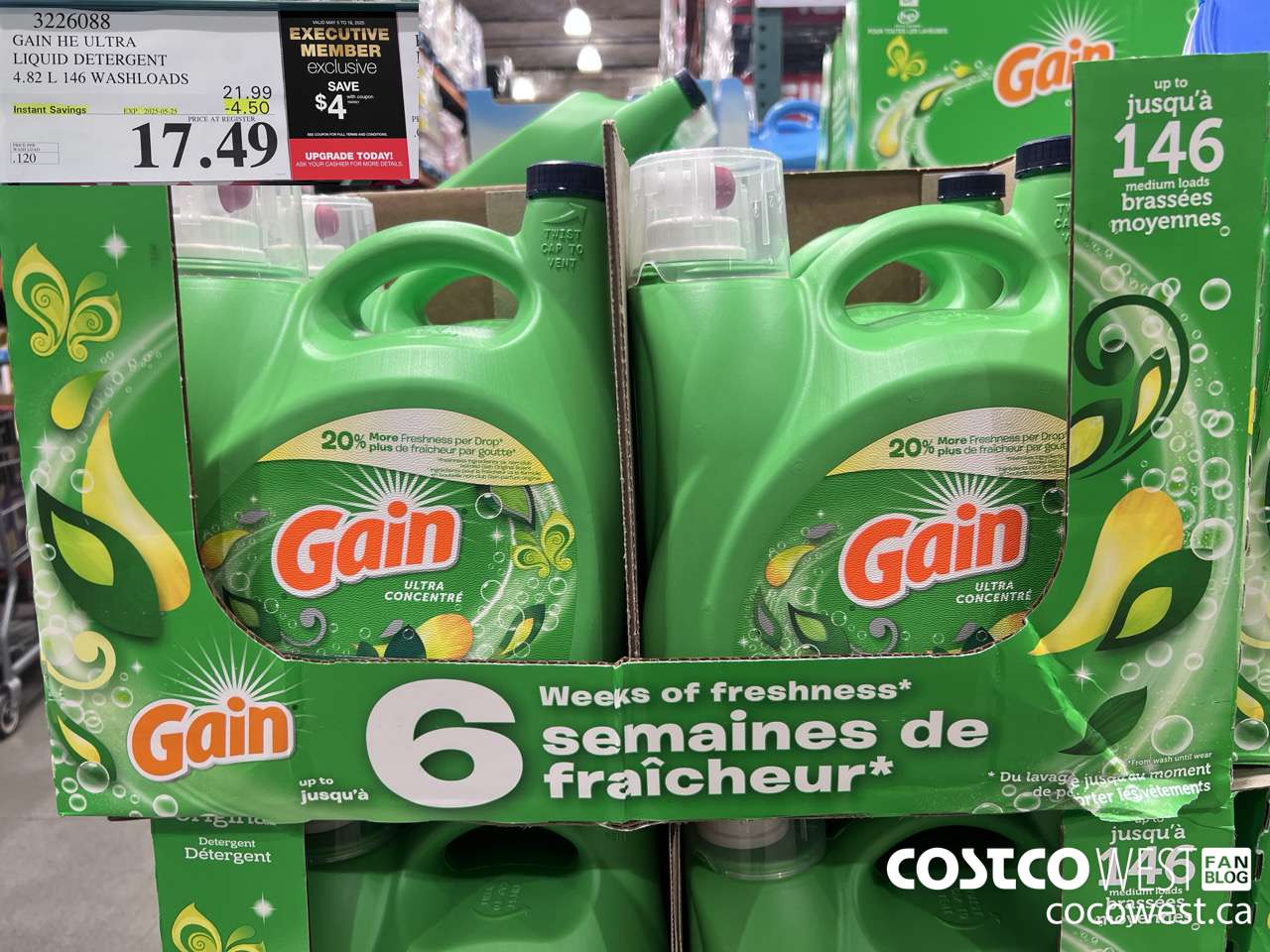 3226088 GAIN HE ULTRA LIQUID DETERGENT 4.82 L 146 WASHLOADS ($4.50 INSTANT SAVINGS EXPIRES ON 2025-05-25) $17.49