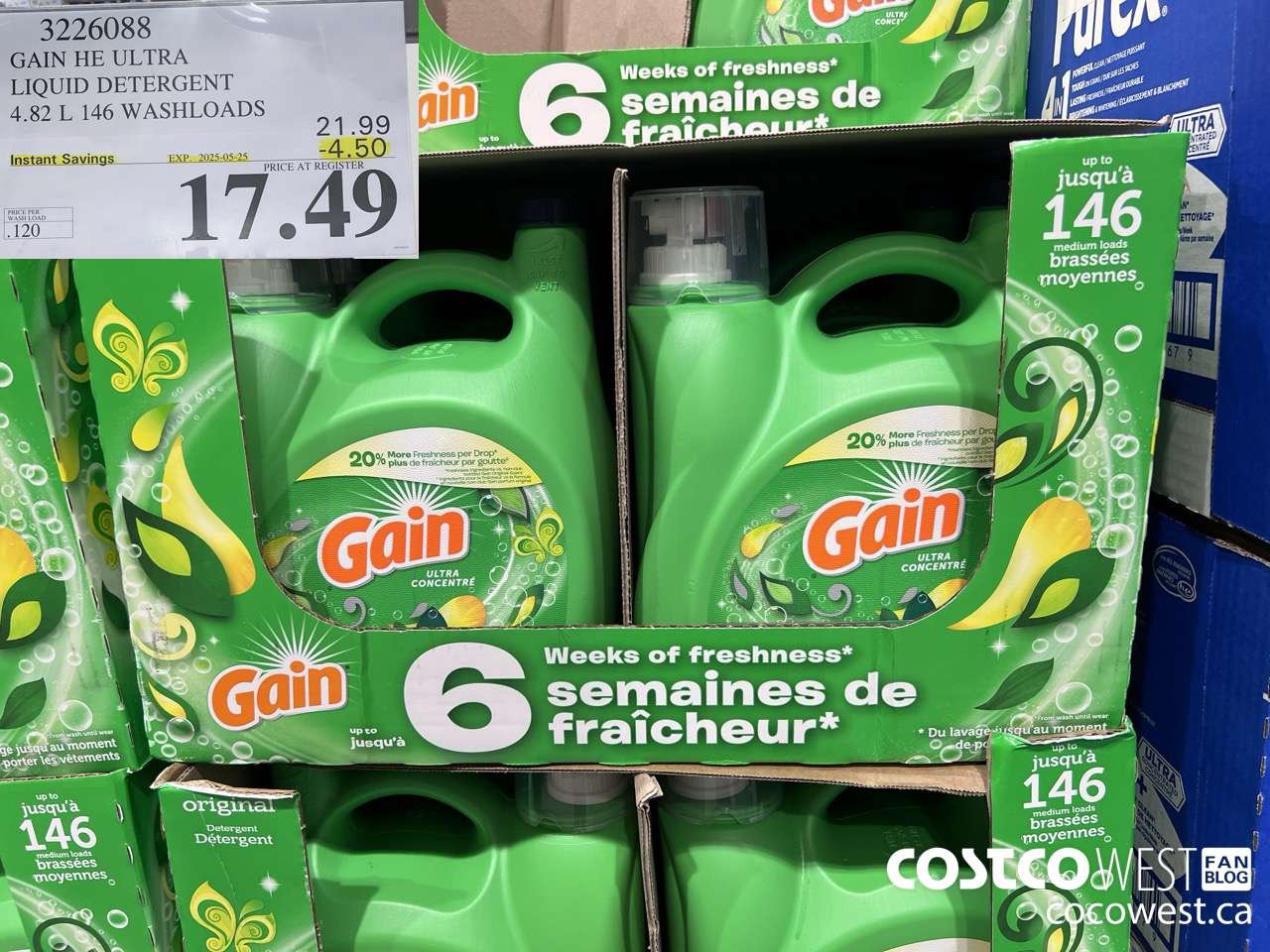 3226088 GAIN HE ULTRA LIQUID DETERGENT 4.82 L 146 WASHLOADS ($4.50 INSTANT SAVINGS EXPIRES ON 2025-05-25) $17.49