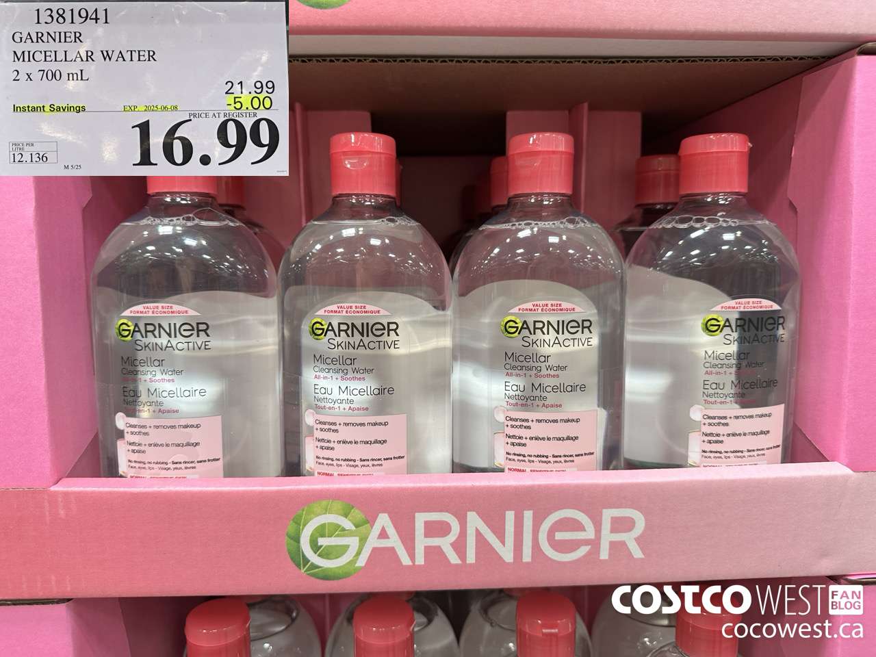 1381941 GARNIER MICELLAR WATER 2 x 700 mL  ($5.00 INSTANT SAVINGS EXPIRES ON 2025-06-08) $16.99
