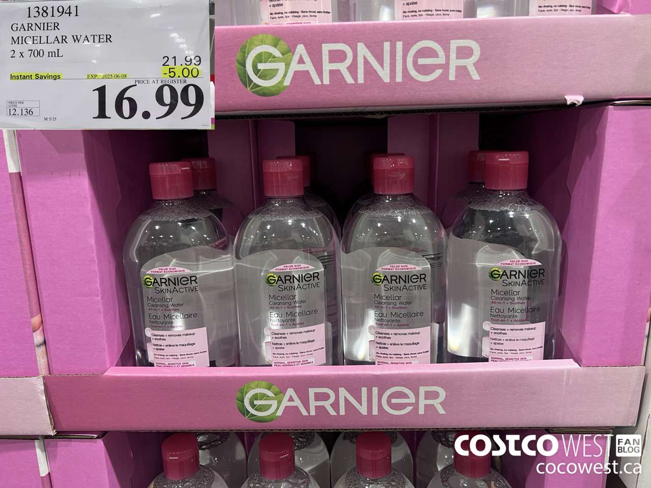 1381941 GARNIER MICELLAR WATER 2 x 700 mL  ($5.00 INSTANT SAVINGS EXPIRES ON 2025-06-08) $16.99