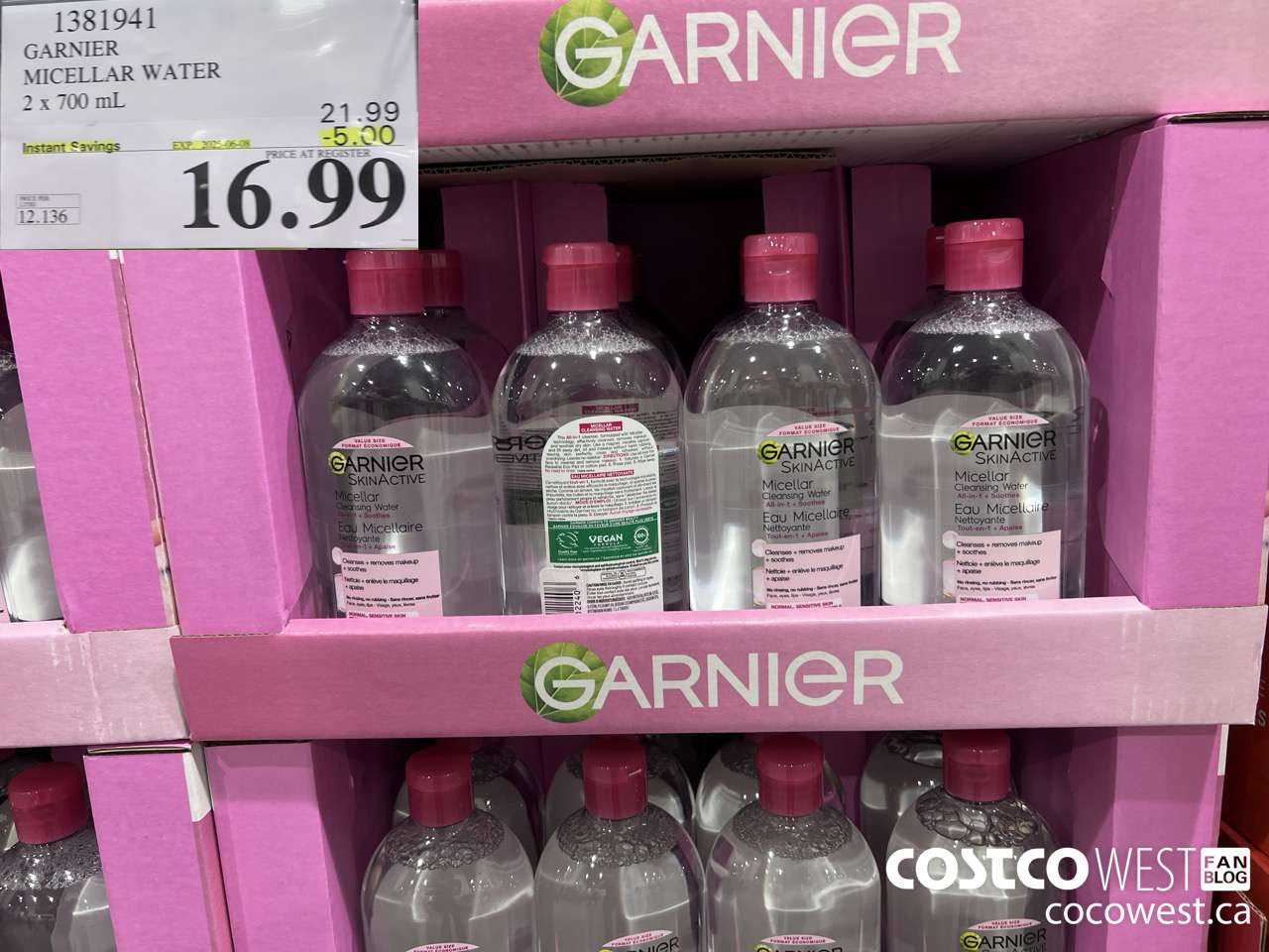 1381941 GARNIER MICELLAR WATER 2 x 700 mL  ($5.00 INSTANT SAVINGS EXPIRES ON 2025-06-08) $16.99