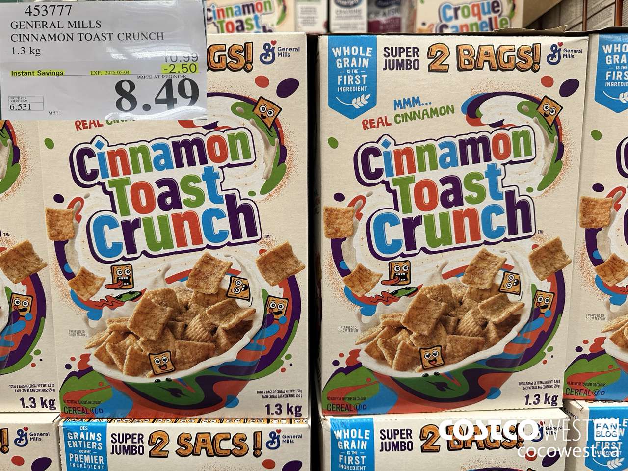 453777 GENERAL MILLS CINNAMON TOAST CRUNCH 1.3 kg ($2.50 INSTANT SAVINGS EXPIRES ON 2025-05-04) $8.49