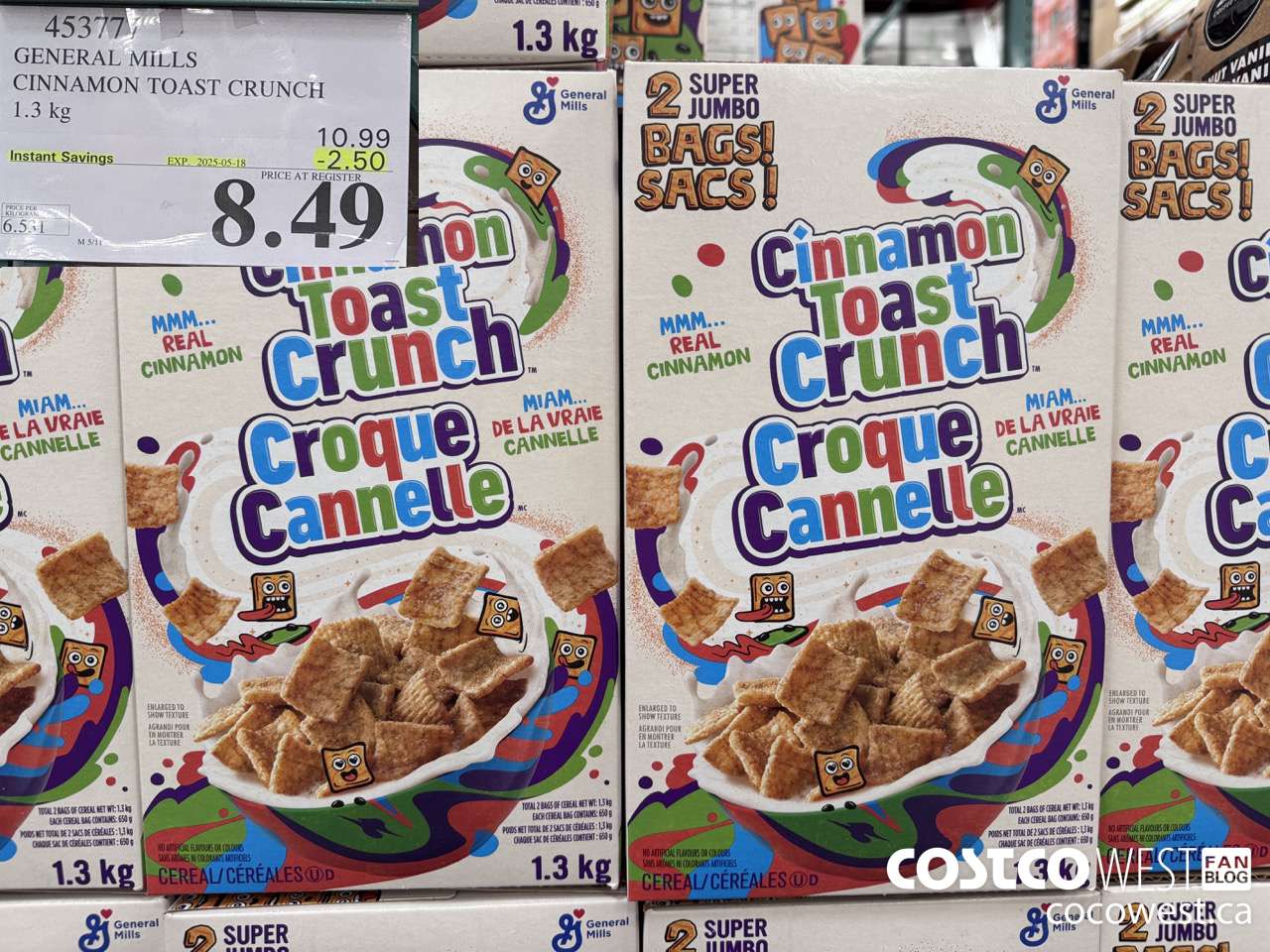 453777 GENERAL MILLS CINNAMON TOAST CRUNCH 1.3 kg ($2.50 INSTANT SAVINGS EXPIRES ON 2025-05-18) $8.49