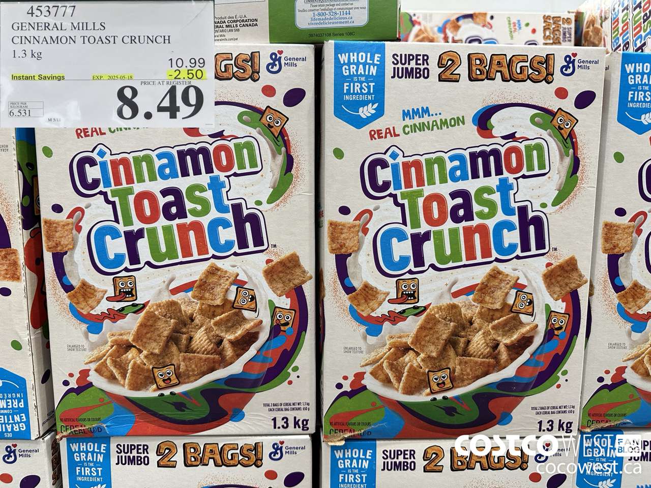 453777 GENERAL MILLS CINNAMON TOAST CRUNCH 1.3 kg ($2.50 INSTANT SAVINGS EXPIRES ON 2025-05-18) $8.49