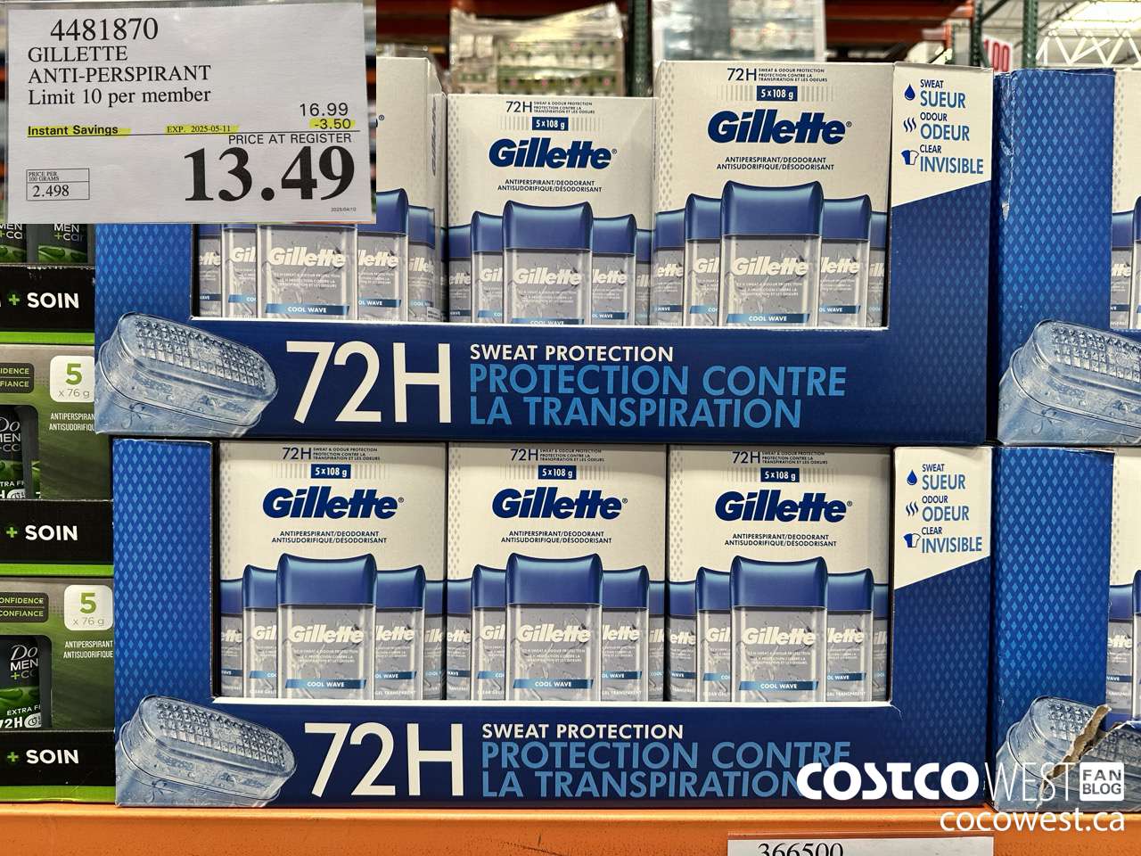 4481870 GILLETTE ANTI-PERSPIRANT 5 x 108 g ($3.50 INSTANT SAVINGS EXPIRES ON 2025-05-11) $13.49