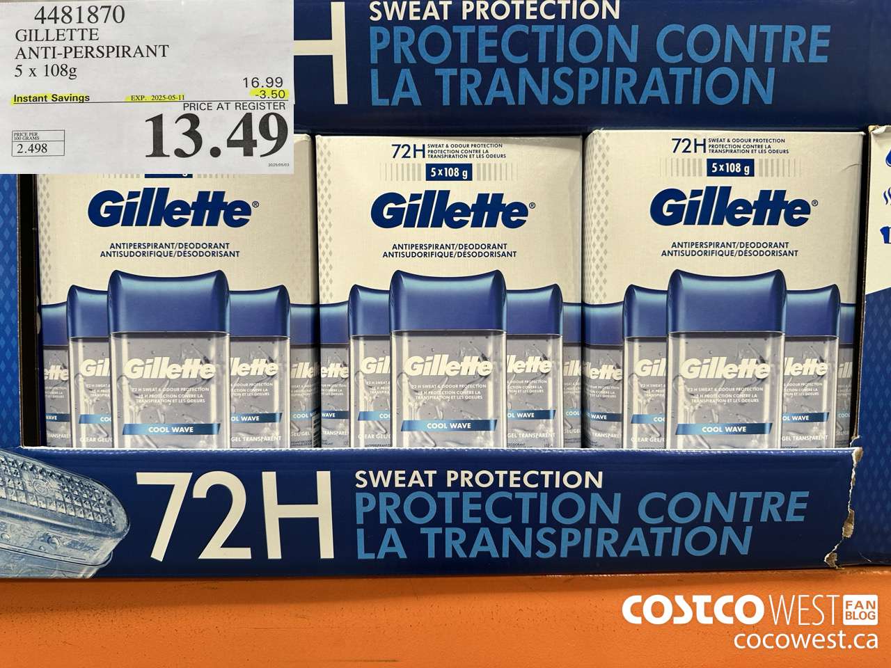 4481870 GILLETTE ANTI-PERSPIRANT 5 x 108 g ($3.50 INSTANT SAVINGS EXPIRES ON 2025-05-11) $13.49