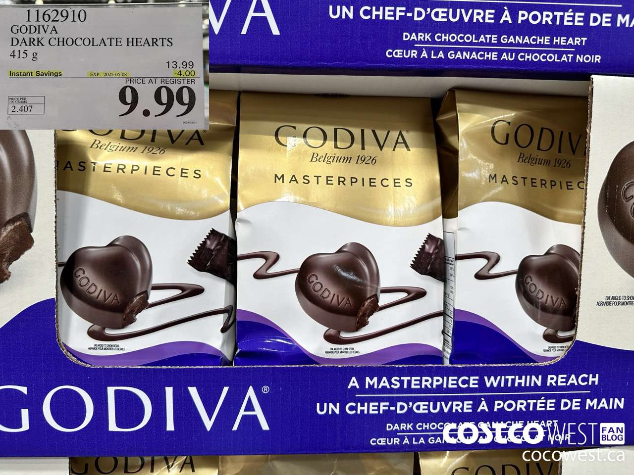 1162910 GODIVA DARK CHOCOLATE HEARTS 415 G ($4.00 INSTANT SAVINGS EXPIRES ON 2025-05-08) $9.99