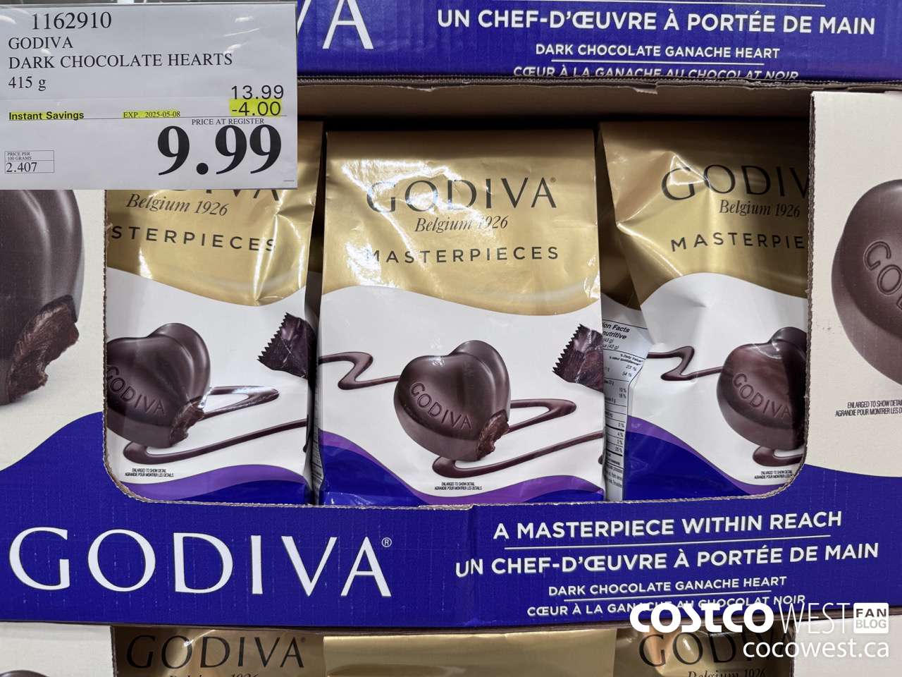 1162910 GODIVA DARK CHOCOLATE HEARTS 415 G ($4.00 INSTANT SAVINGS EXPIRES ON 2025-05-08) $9.99