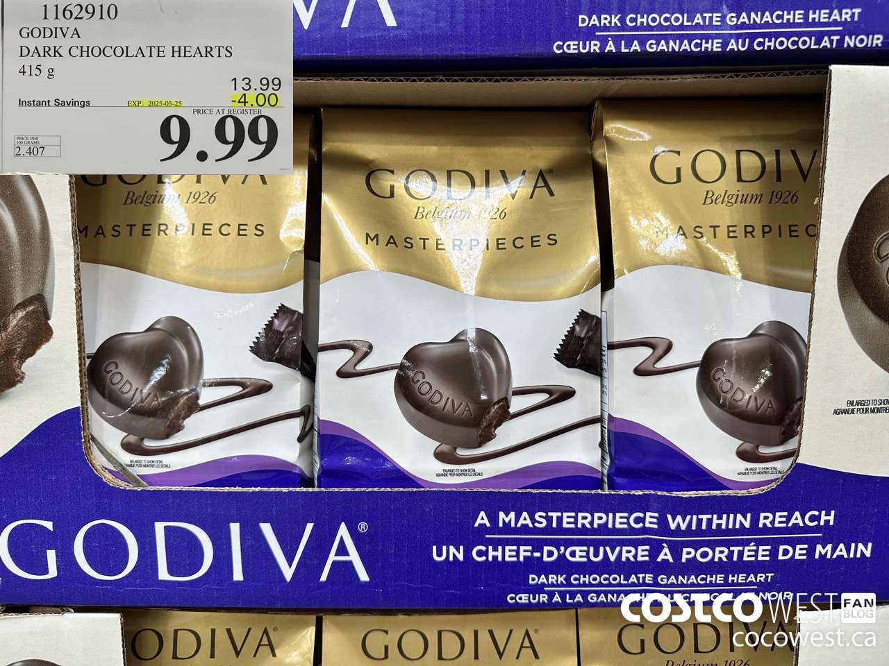 1162910 GODIVA DARK CHOCOLATE HEARTS 415 G ($4.00 INSTANT SAVINGS EXPIRES ON 2025-05-25) $9.99