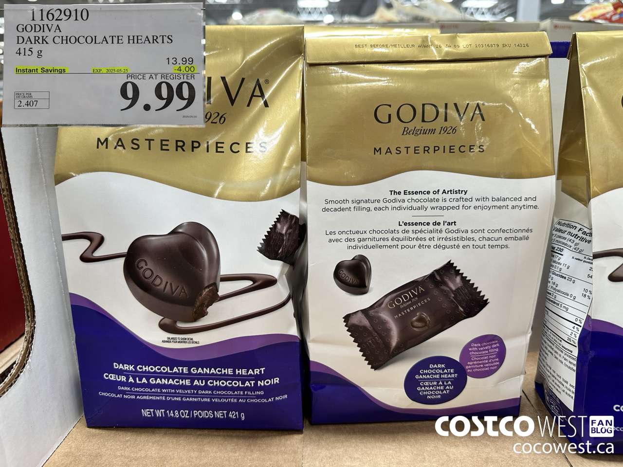 1162910 GODIVA DARK CHOCOLATE HEARTS 415 G ($4.00 INSTANT SAVINGS EXPIRES ON 2025-05-25) $9.99