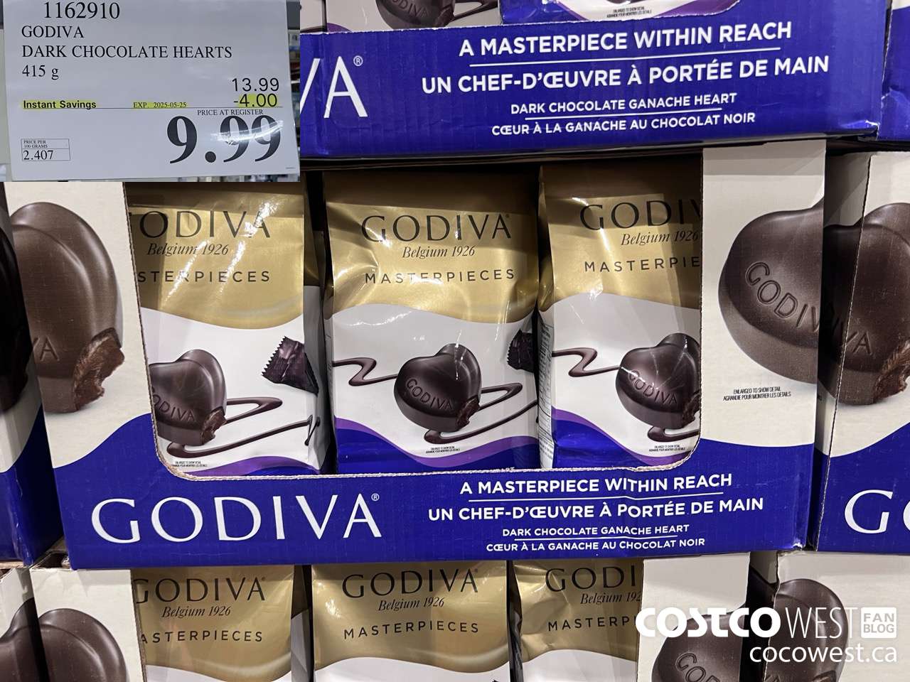 1162910 GODIVA DARK CHOCOLATE HEARTS 415 G ($4.00 INSTANT SAVINGS EXPIRES ON 2025-05-25) $9.99