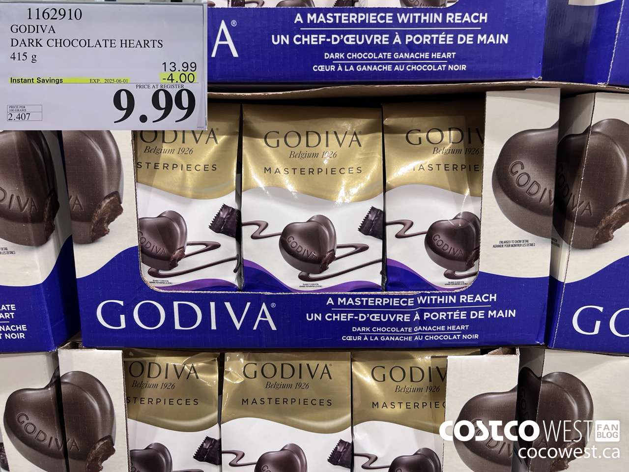 1162910 GODIVA DARK CHOCOLATE HEARTS 415 G ($4.00 INSTANT SAVINGS EXPIRES ON 2025-06-01) $9.99