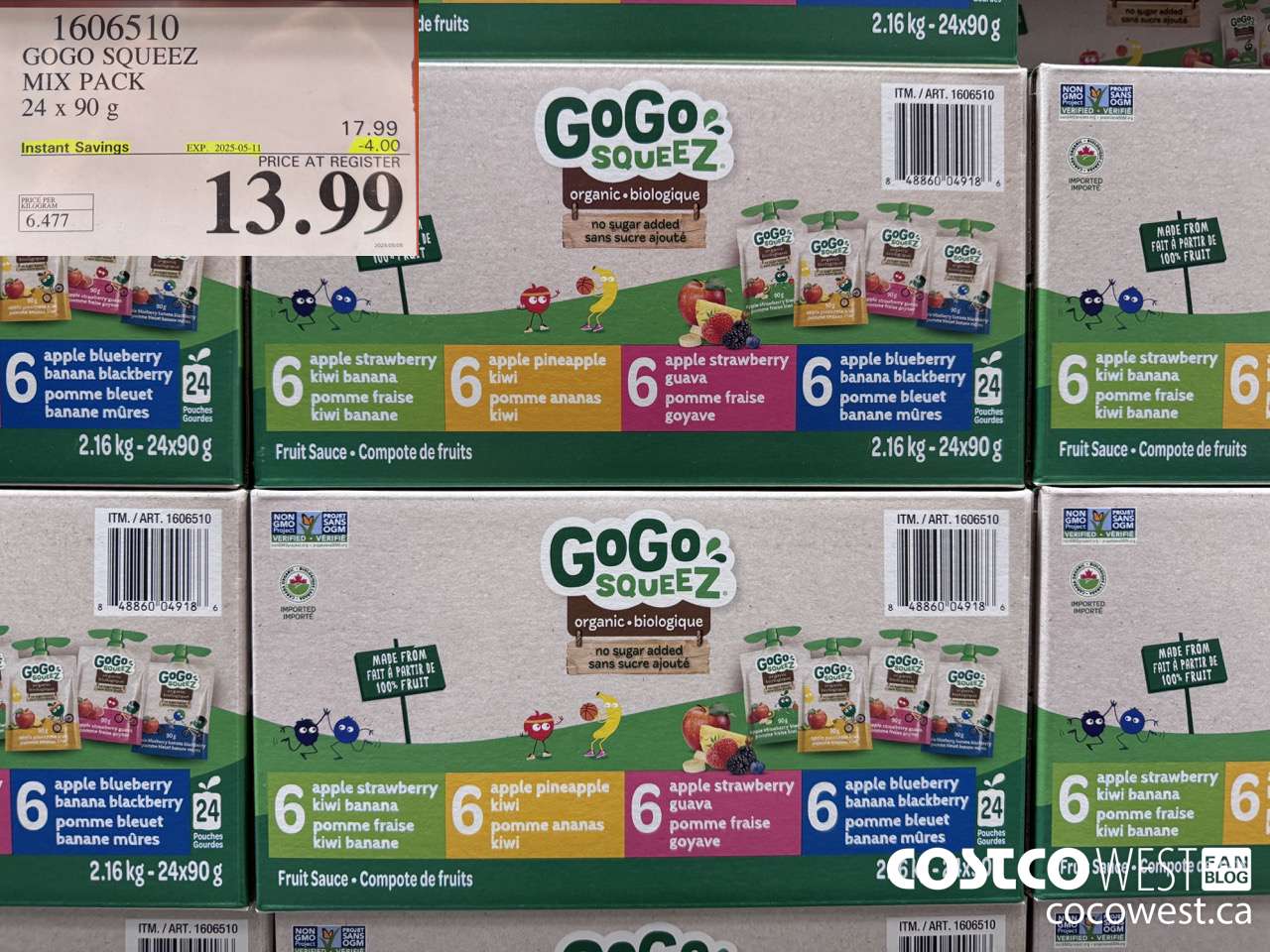 1606510 GOGO SQUEEZ ORGANIC MIX PACK 24 X 90 G ($4.00 INSTANT SAVINGS EXPIRES ON 2025-05-11) $13.99