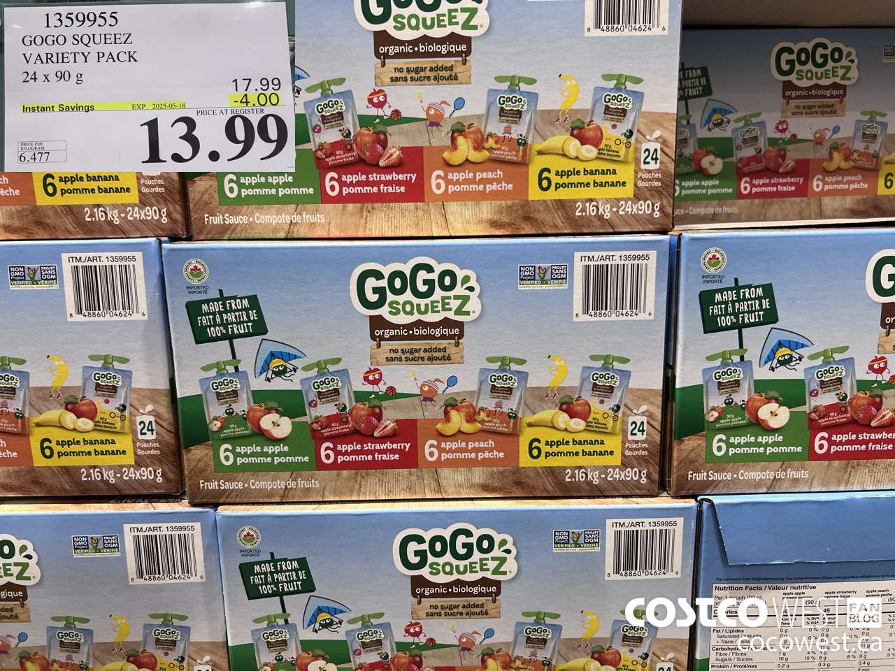 1359955 GOGO SQUEEZ ORGANIC VARIETY PACK 24 x 90g ($4.00 INSTANT SAVINGS EXPIRES ON 2025-05-18) $13.99