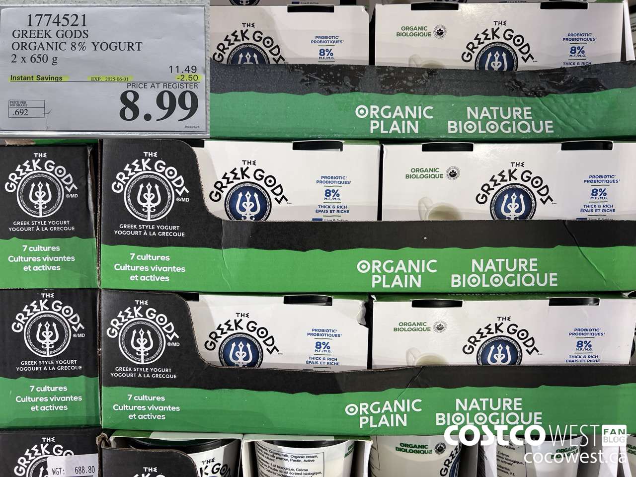 1774521 GREEK GODS ORGANIC GREEK YOGURT 2 X 650G ($2.50 INSTANT SAVINGS EXPIRES ON 2025-06-01) $8.99