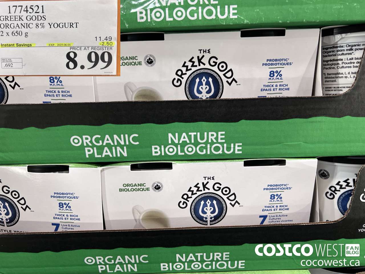 1774521 GREEK GODS ORGANIC GREEK YOGURT 2 X 650G ($2.50 INSTANT SAVINGS EXPIRES ON 2025-06-01) $8.99