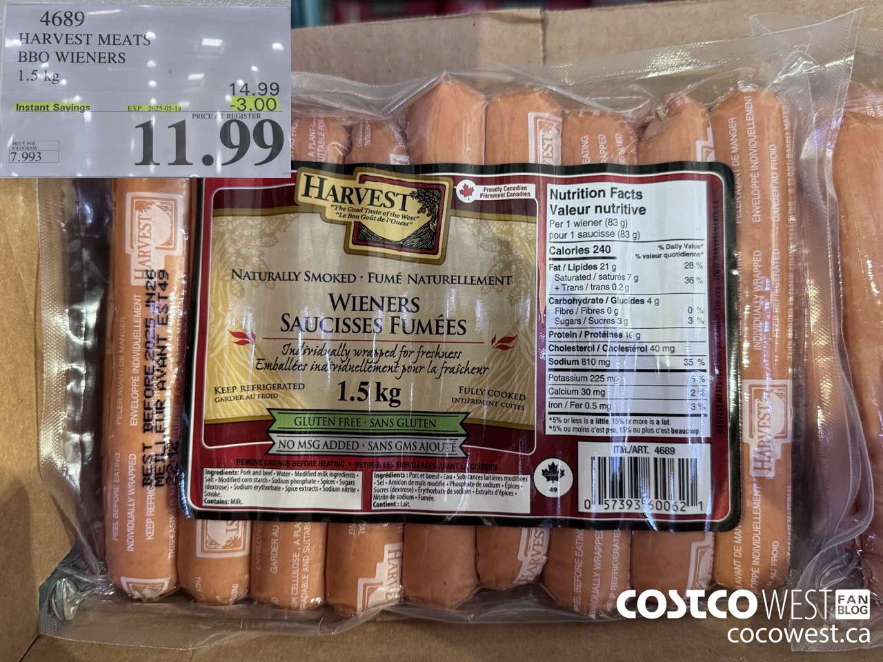 4689 HARVEST MEATS BBQ WIENERS 1.5 KG ($3.00 INSTANT SAVINGS EXPIRES ON 2025-05-18) $11.49