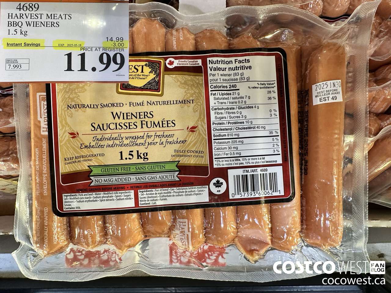 4689 HARVEST MEATS BBQ WIENERS 1.5 KG ($3.00 INSTANT SAVINGS EXPIRES ON 2025-05-18) $11.49