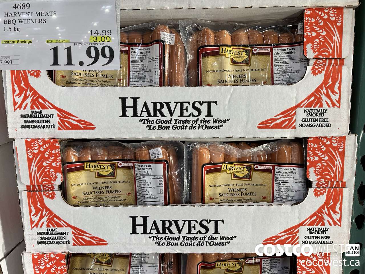 4689 HARVEST MEATS BBQ WIENERS 1.5 KG ($3.00 INSTANT SAVINGS EXPIRES ON 2025-05-18) $11.99