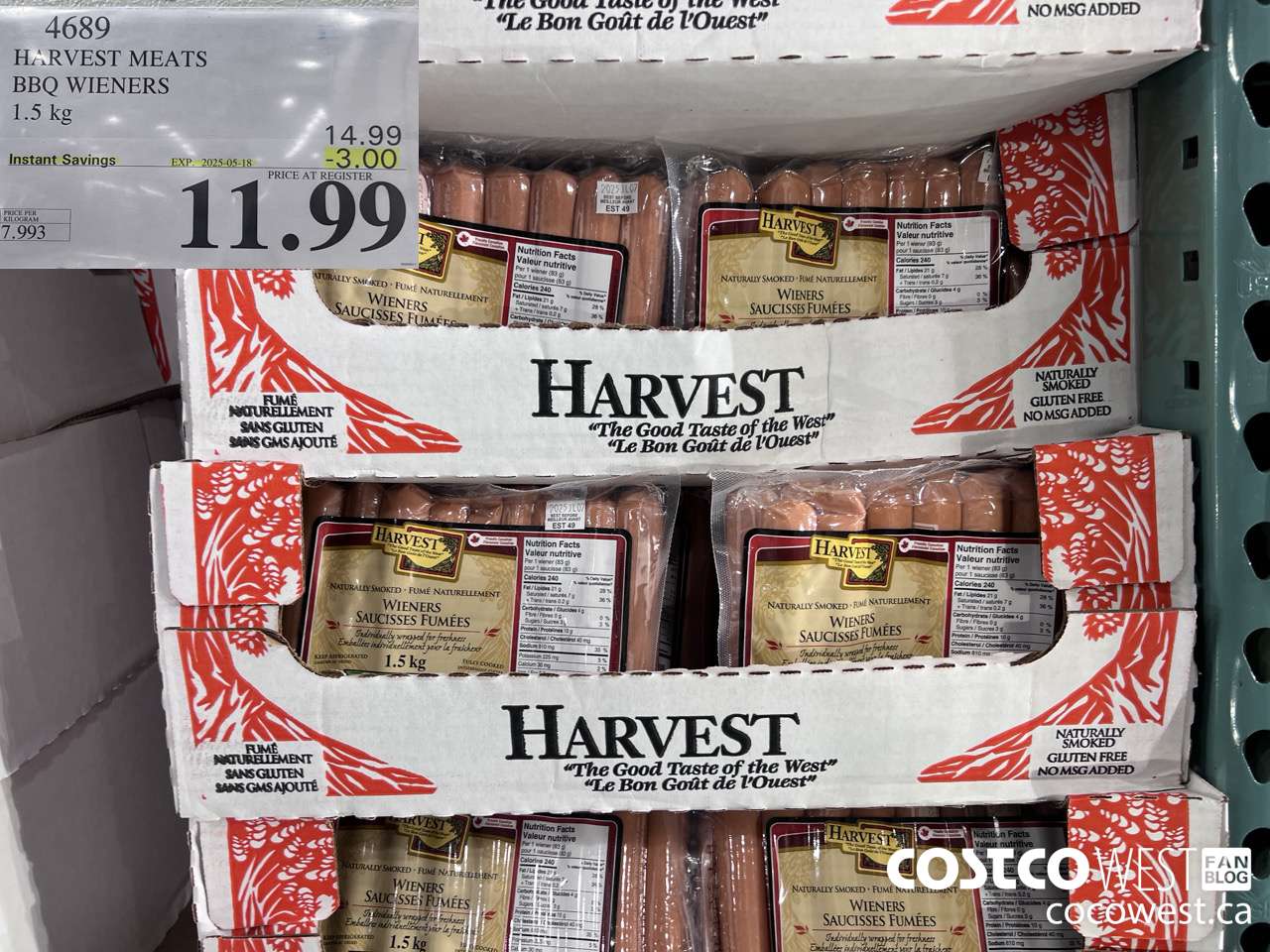 4689 HARVEST MEATS BBQ WIENERS 1.5 KG ($3.00 INSTANT SAVINGS EXPIRES ON 2025-05-18) $11.99