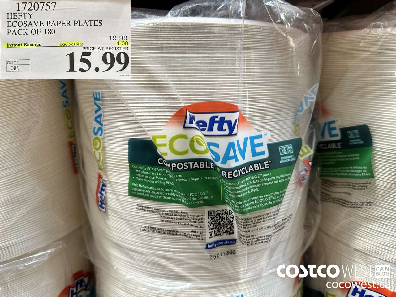 1720757 HEFTY ECOSAVE PAPER PLATES PACK OF 180 ($4.00 INSTANT SAVINGS EXPIRES ON 2025-05-25) $15.99