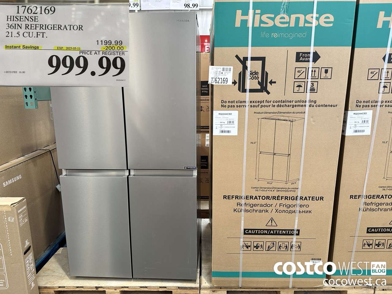 1762169 HISENSE 36IN REFRIGERATOR 21.5 CUFT ($200.00 INSTANT SAVINGS EXPIRES ON 2025-05-11) $999.99