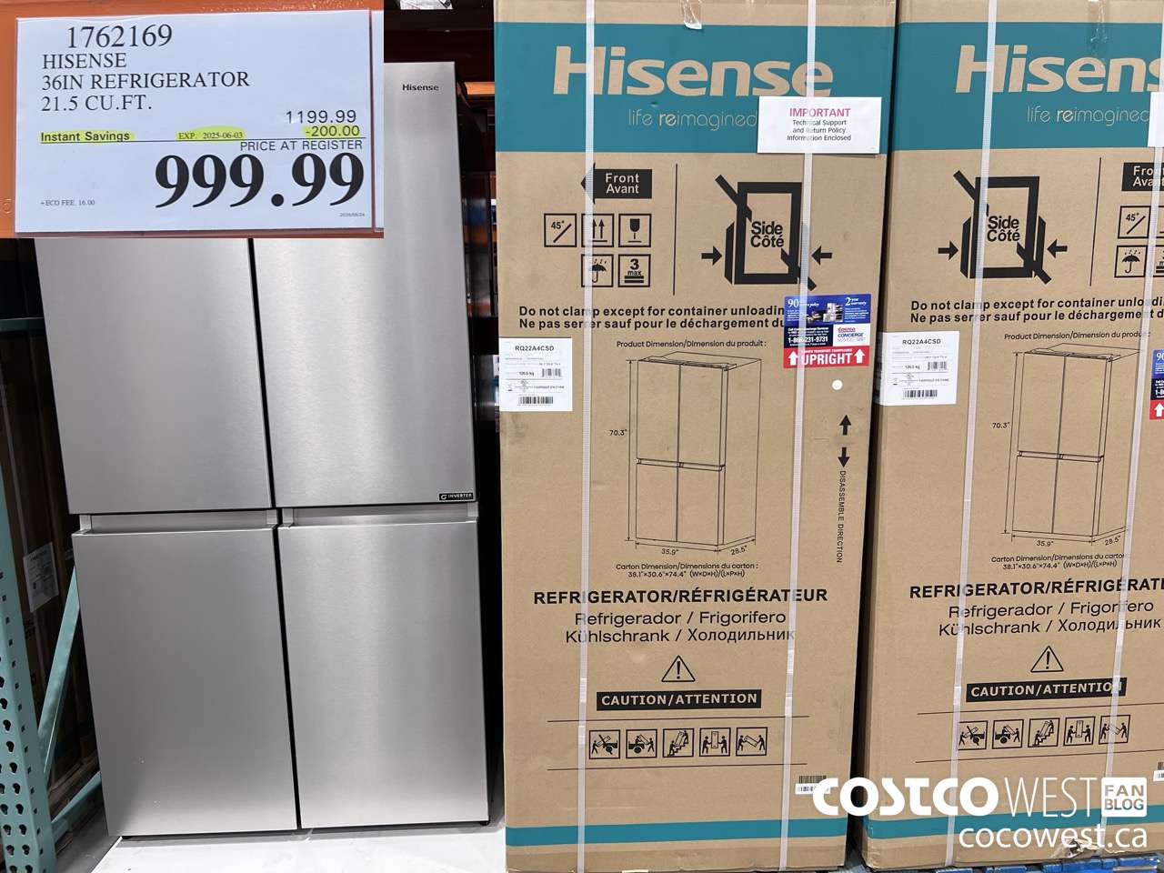 1762169 HISENSE 36IN REFRIGERATOR 21.5 CUFT ($200.00 INSTANT SAVINGS EXPIRES ON 2025-06-03) $999.99