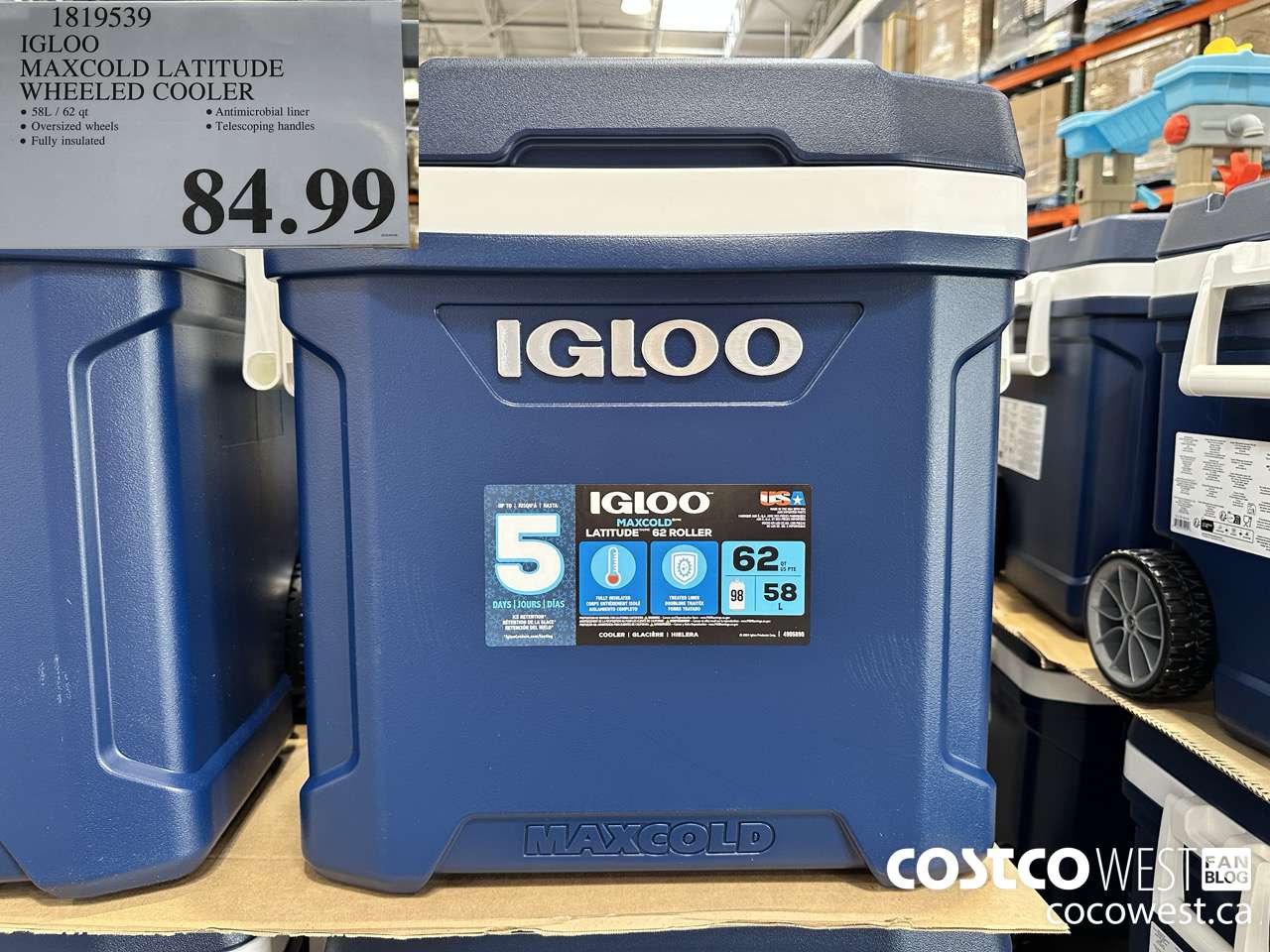 1819539 IGLOO MAXCOLD LATITUDE WHEELED COOLER $84.99