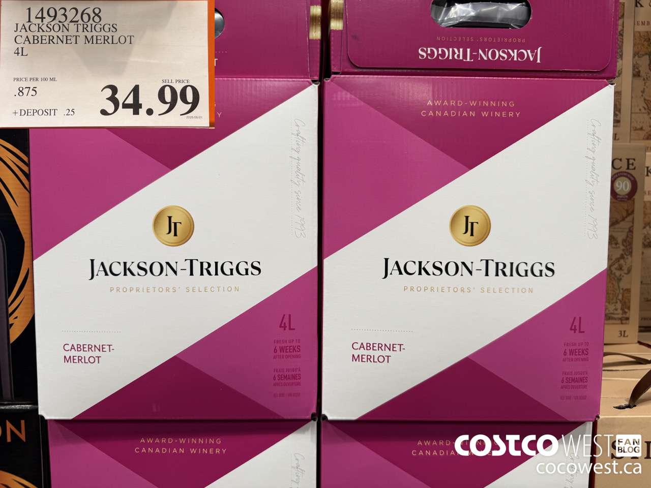 1493268 JACKSON TRIGGS CABERNET MERLOT 4L $34.99