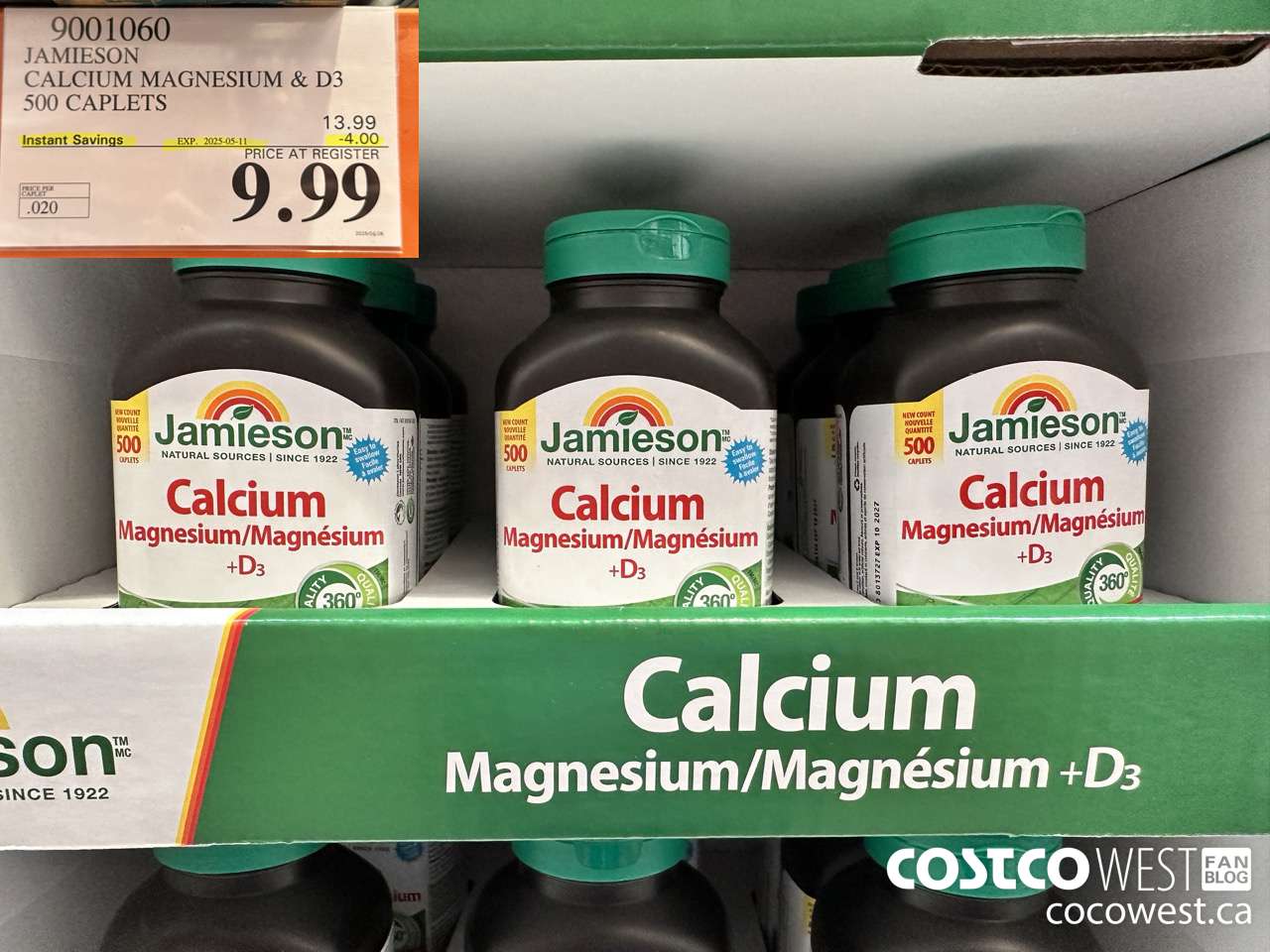 9001060 JAMIESON CALCIUM MAGNESIUM W/ VIT D 500 CAPLETS ($4.00 INSTANT SAVINGS EXPIRES ON 2025-05-11) $9.99