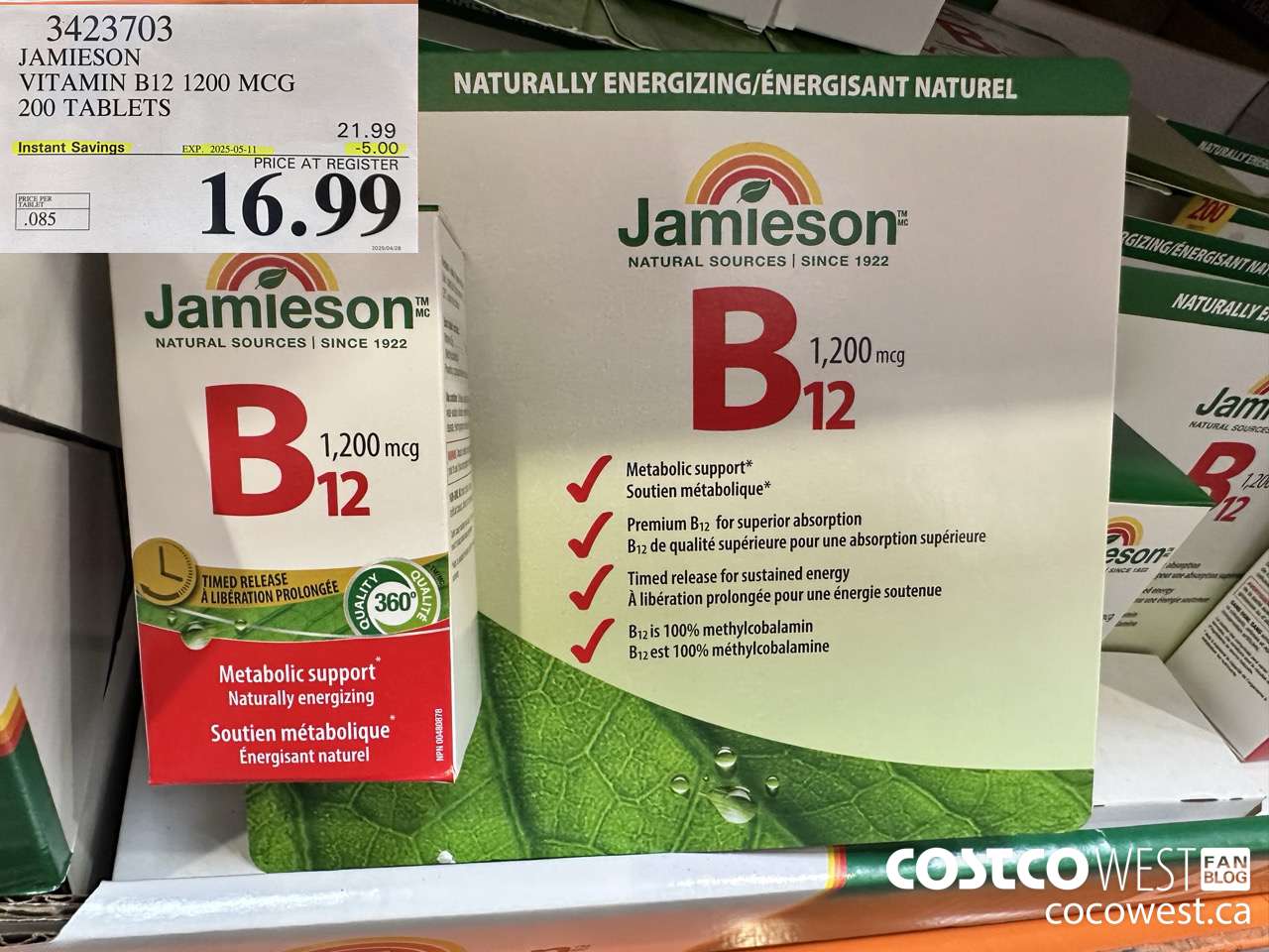 3423703 JAMIESON VITAMIN B12 1200MCG 200 TABLETS ($5.00 INSTANT SAVINGS EXPIRES ON 2025-05-11) $16.99