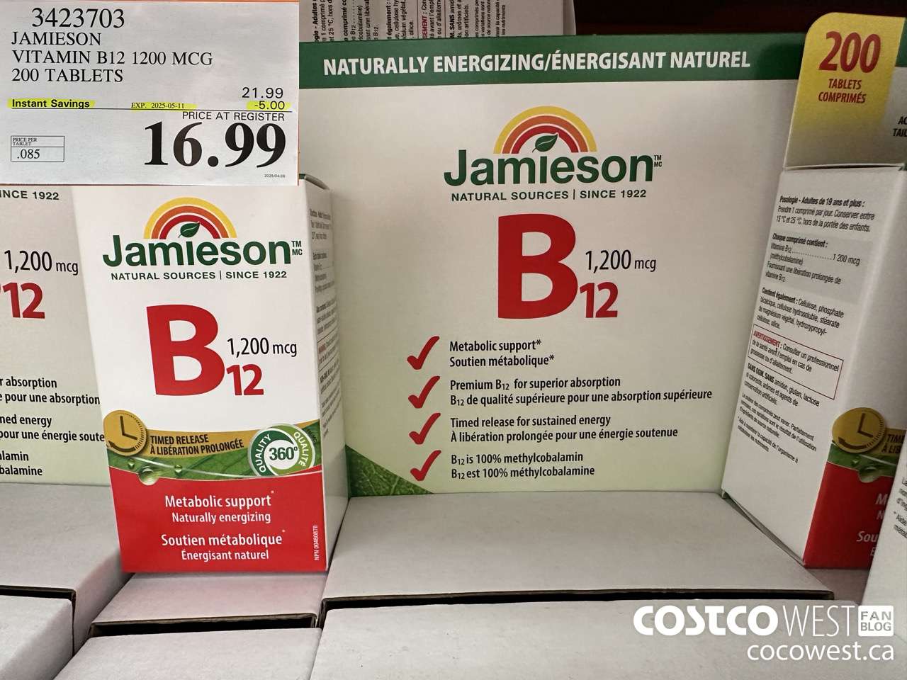 3423703 JAMIESON VITAMIN B12 1200MCG 200 TABLETS ($5.00 INSTANT SAVINGS EXPIRES ON 2025-05-11) $16.99