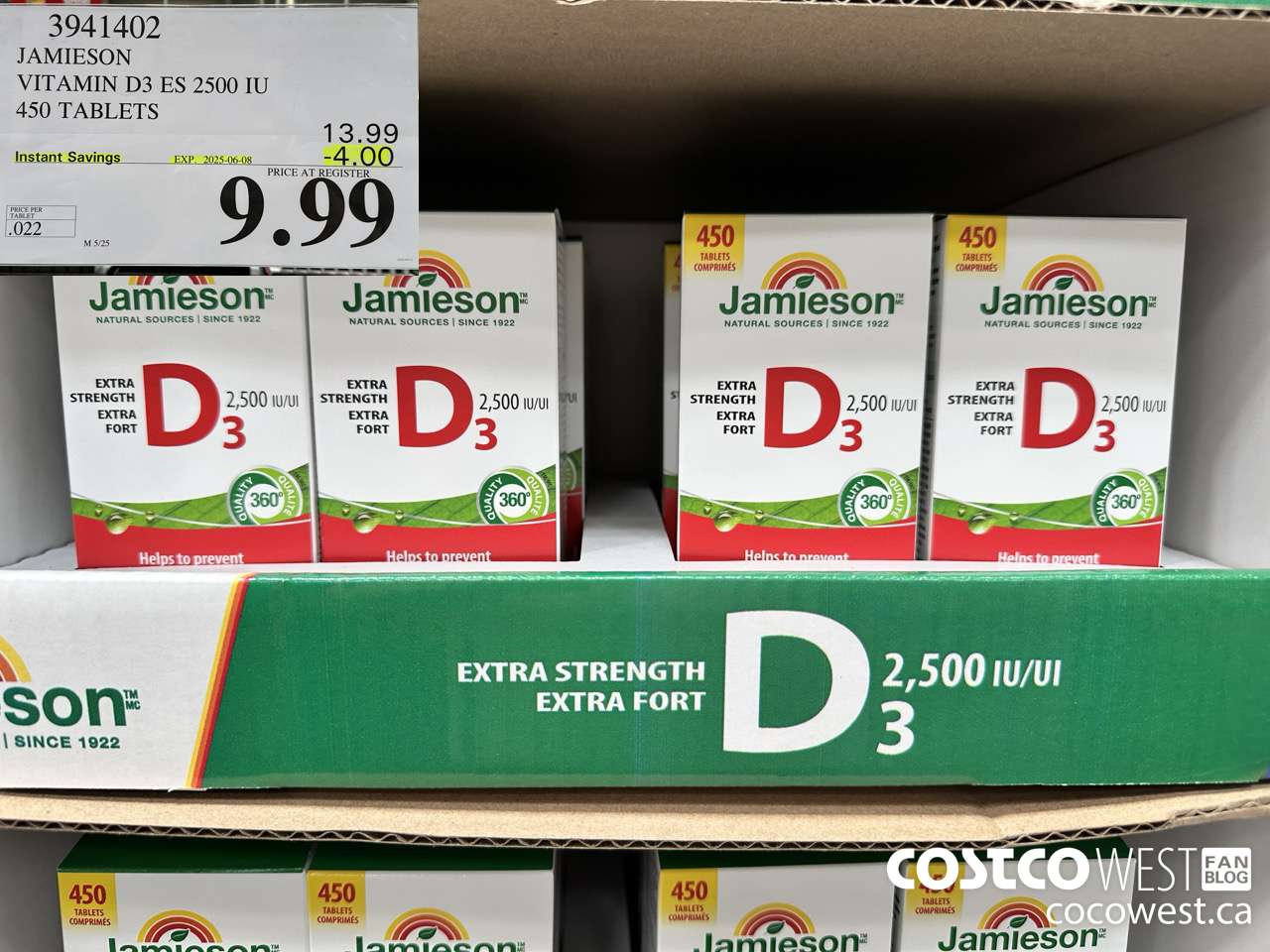 3941402 JAMIESON VITAMIN D3 2500IU 450 TABLETS ($4.00 INSTANT SAVINGS EXPIRES ON 2025-06-08) $9.99