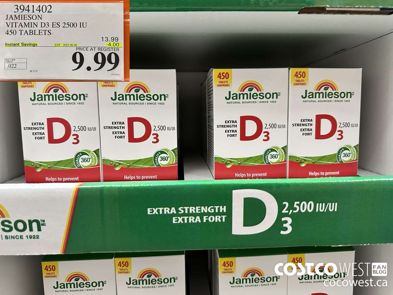 3941402 JAMIESON VITAMIN D3 2500IU 450 TABLETS ($4.00 INSTANT SAVINGS EXPIRES ON 2025-06-08) $9.99