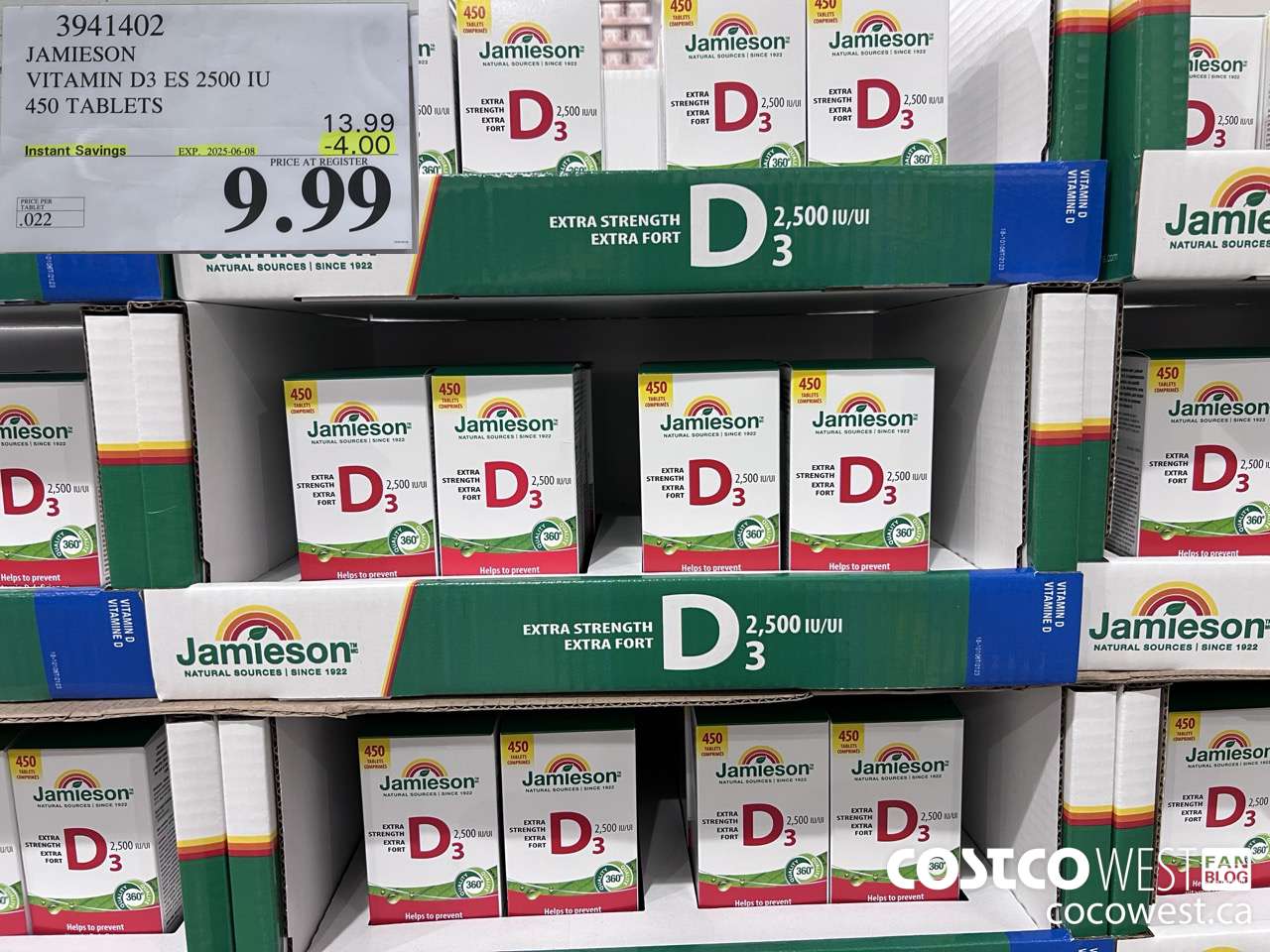 3941402 JAMIESON VITAMIN D3 2500IU 450 TABLETS ($4.00 INSTANT SAVINGS EXPIRES ON 2025-06-08) $9.99