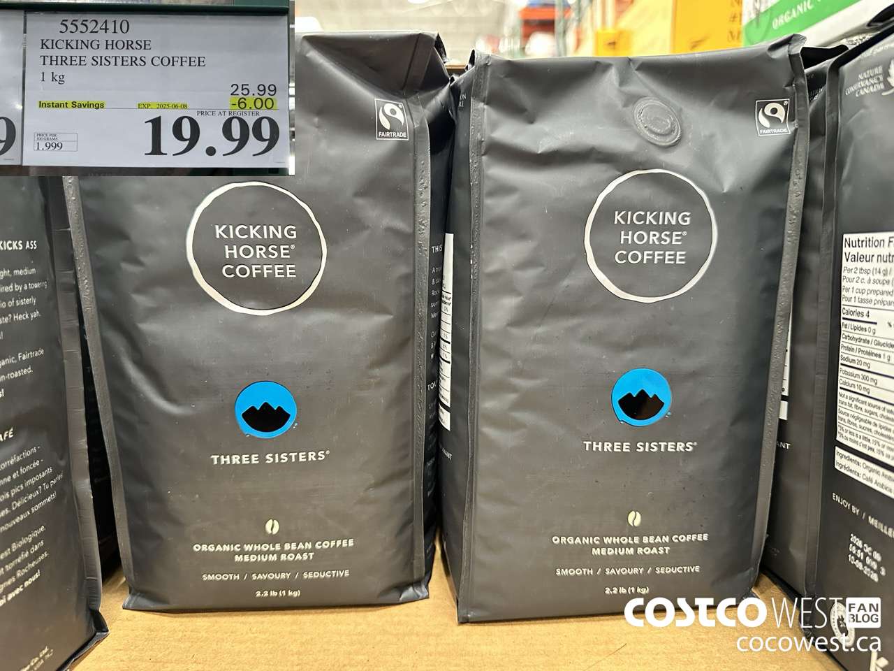 5552410 KICKING HORSE THREE SISTERS COFFEE 1KG ($6.00 INSTANT SAVINGS EXPIRES ON 2025-06-08) $19.99