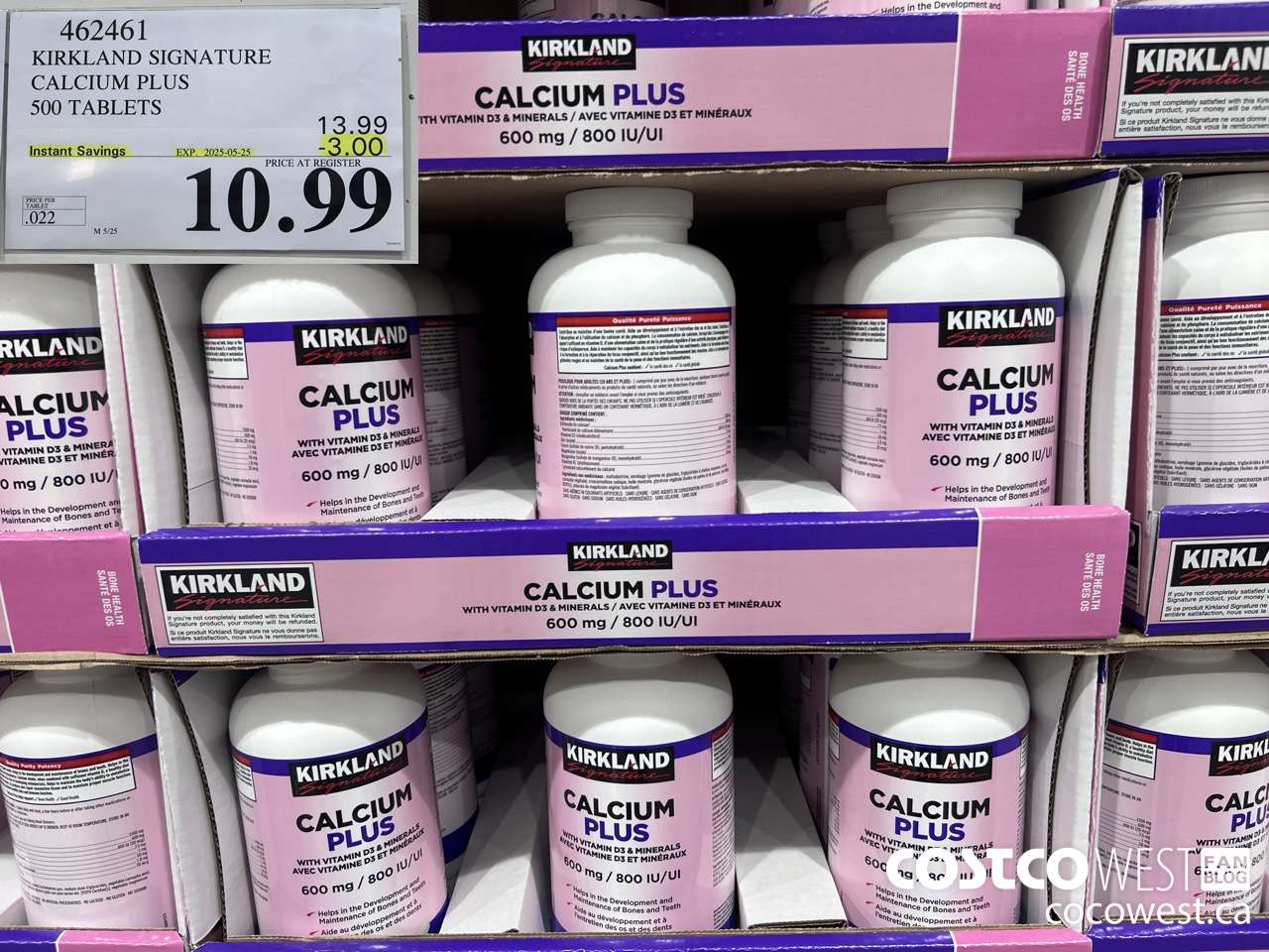462461 KIRKLAND SIGNATURE CALCIUM PLUS 500 TABLETS ($3.00 INSTANT SAVINGS EXPIRES ON 2025-05-25) $10.99