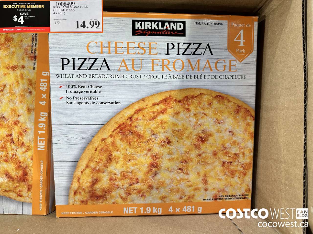 1008499 KIRKLAND SIGNATURE CHEESE PIZZA 4 x 481 g ($4.00 INSTANT SAVINGS EXPIRES ON 2025-05-18) $10.99