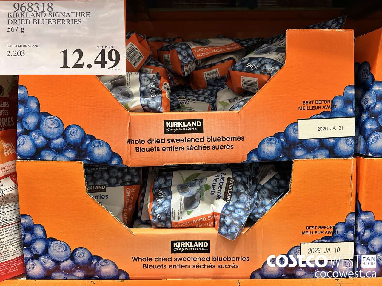 968318 KIRKLAND SIGNATURE DRIED BLUEBERRIES 567 g $12.49