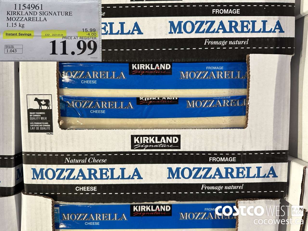 1154961 KIRKLAND SIGNATURE MOZZARELLA 1.15 KG ($4.00 INSTANT SAVINGS EXPIRES ON 2025-05-04) $11.99