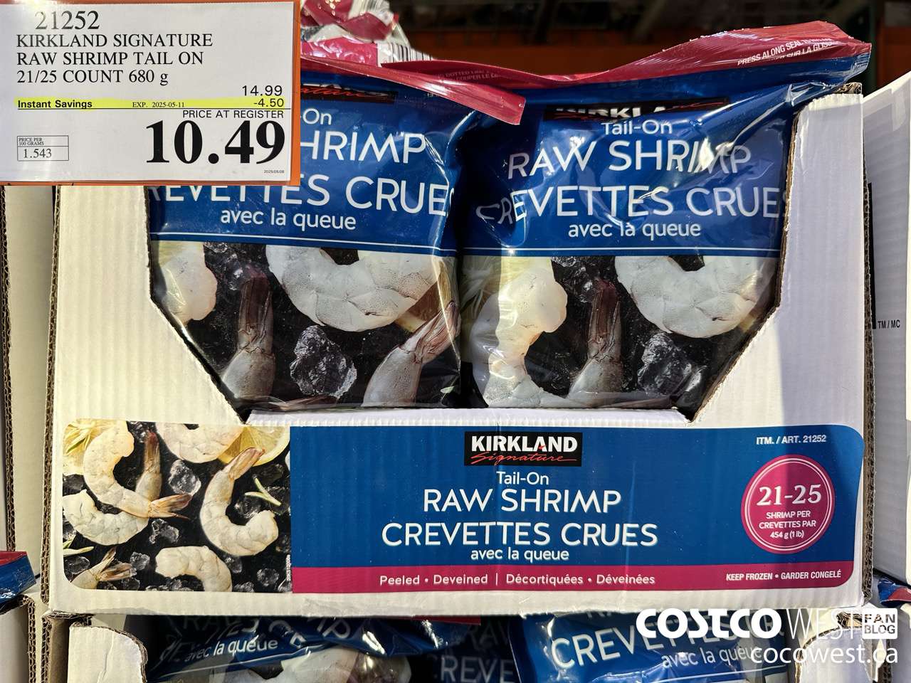 21252 KIRKLAND SIGNATURE RAW SHRIMP TAIL ON 21/25 COUNT 680 g ($4.50 INSTANT SAVINGS EXPIRES ON 2025-05-11) $10.49