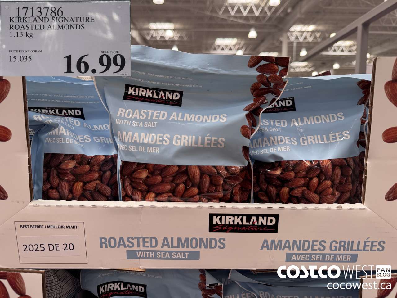 1713786 KIRKLAND SIGNATURE ROASTED ALMONDS 1.13KG $16.99