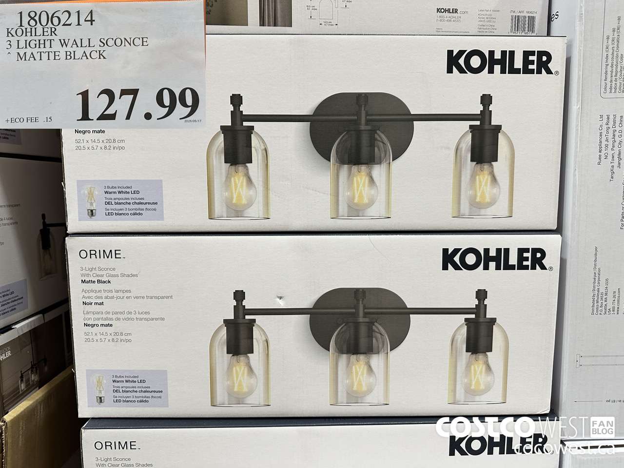 1806214 KOHLER 3 LIGHT WALL SCONCE MATTE BLACK $127.99
