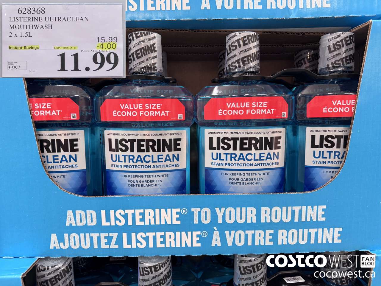 628368 LISTERINE ULTRACLEAN MOUTHWASH 2 X 1.5L ($4.00 INSTANT SAVINGS EXPIRES ON 2025-05-11) $11.99