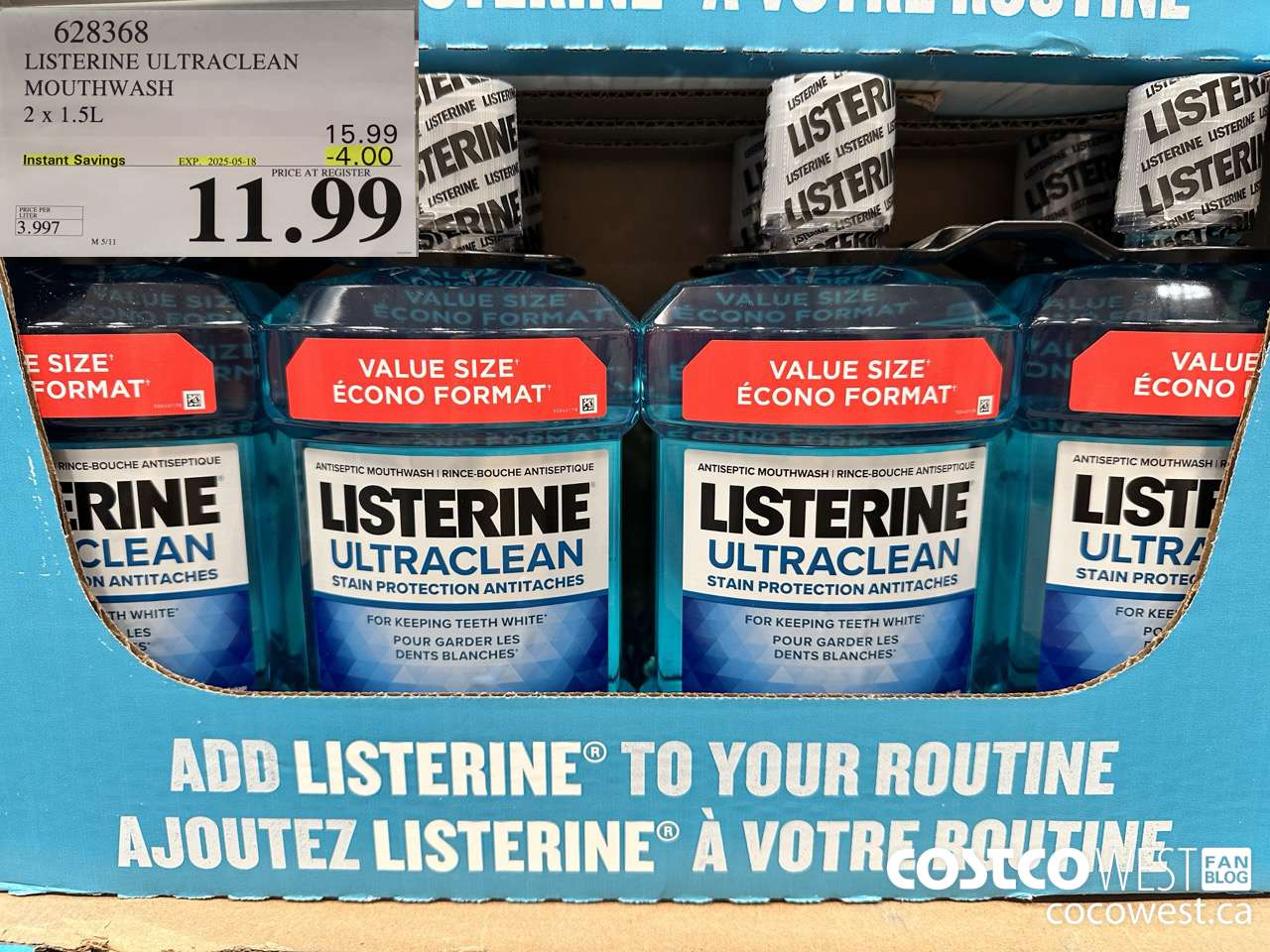 628368 LISTERINE ULTRACLEAN MOUTHWASH 2 X 1.5L ($4.00 INSTANT SAVINGS EXPIRES ON 2025-05-18) $11.99