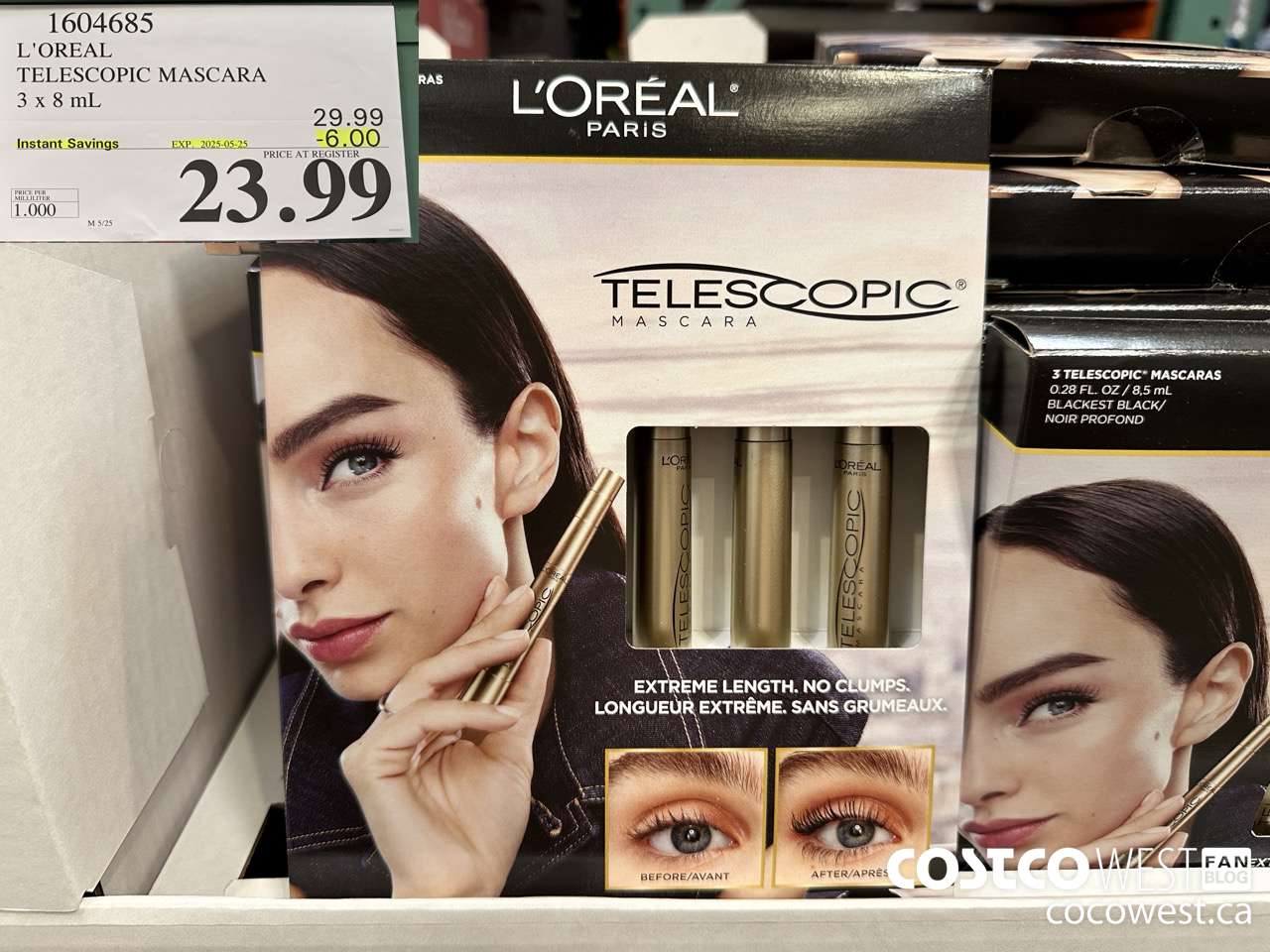 1604685 L'OREAL TELESCOPIC MASCARA 3 X 8 ML (0.27 FL. OZ) ($6.00 INSTANT SAVINGS EXPIRES ON 2025-05-25) $23.99