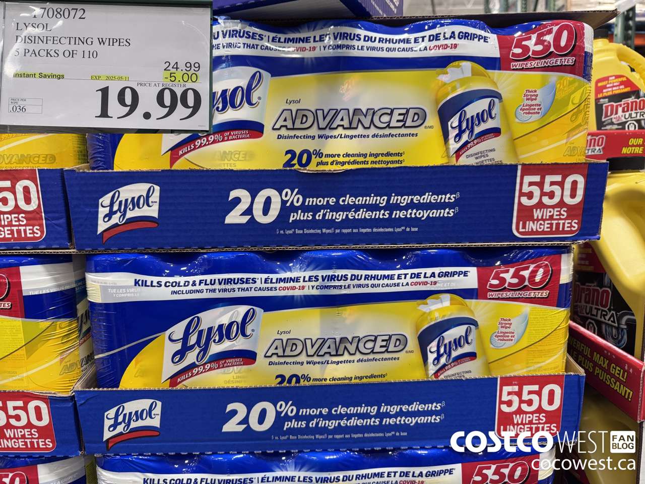 1708072 LYSOL DISINFECTING WIPES 5 X 110 WIPES ($5.00 INSTANT SAVINGS EXPIRES ON 2025-05-11) $19.99