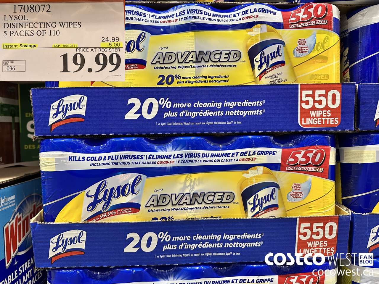 1708072 LYSOL DISINFECTING WIPES 5 X 110 WIPES ($5.00 INSTANT SAVINGS EXPIRES ON 2025-05-11) $19.99