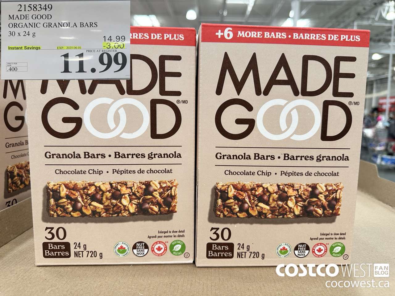 2158349 MADE GOOD ORGANIC GRANOLA BARS 30 X 24G ($3.00 INSTANT SAVINGS EXPIRES ON 2025-06-01) $11.99