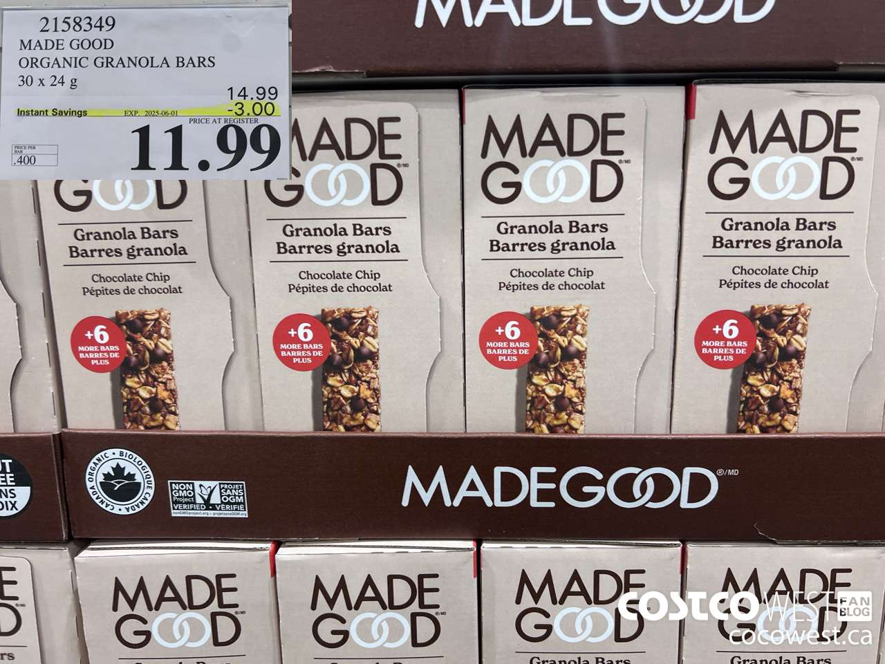 2158349 MADE GOOD ORGANIC GRANOLA BARS 30 X 24G ($3.00 INSTANT SAVINGS EXPIRES ON 2025-06-01) $11.99